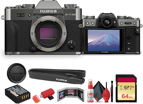 FUJIFILM X-T30 III Mirrorless Camera Body Charcoal Silver 16957918 Bundle with + 64GB Memory Card + Memory Card Wallet + Cleaning Kit