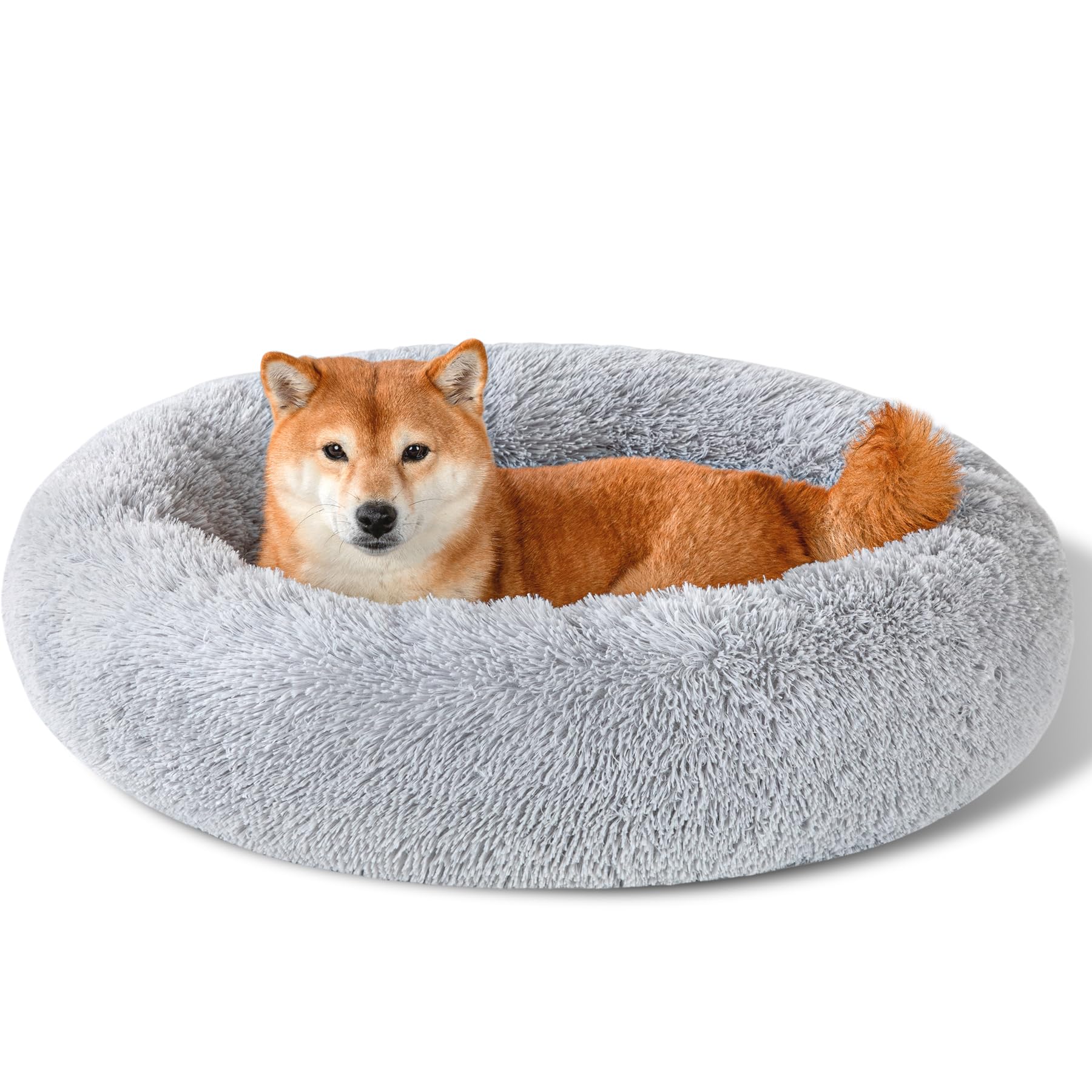 Dog Calming Beds for Small Medium Dogs - Round Donut Washable Dog Bed, Anti-Slip Faux Fur Fluffy Donut Cuddler Anxiety Cat Bed(Light Grey 32")