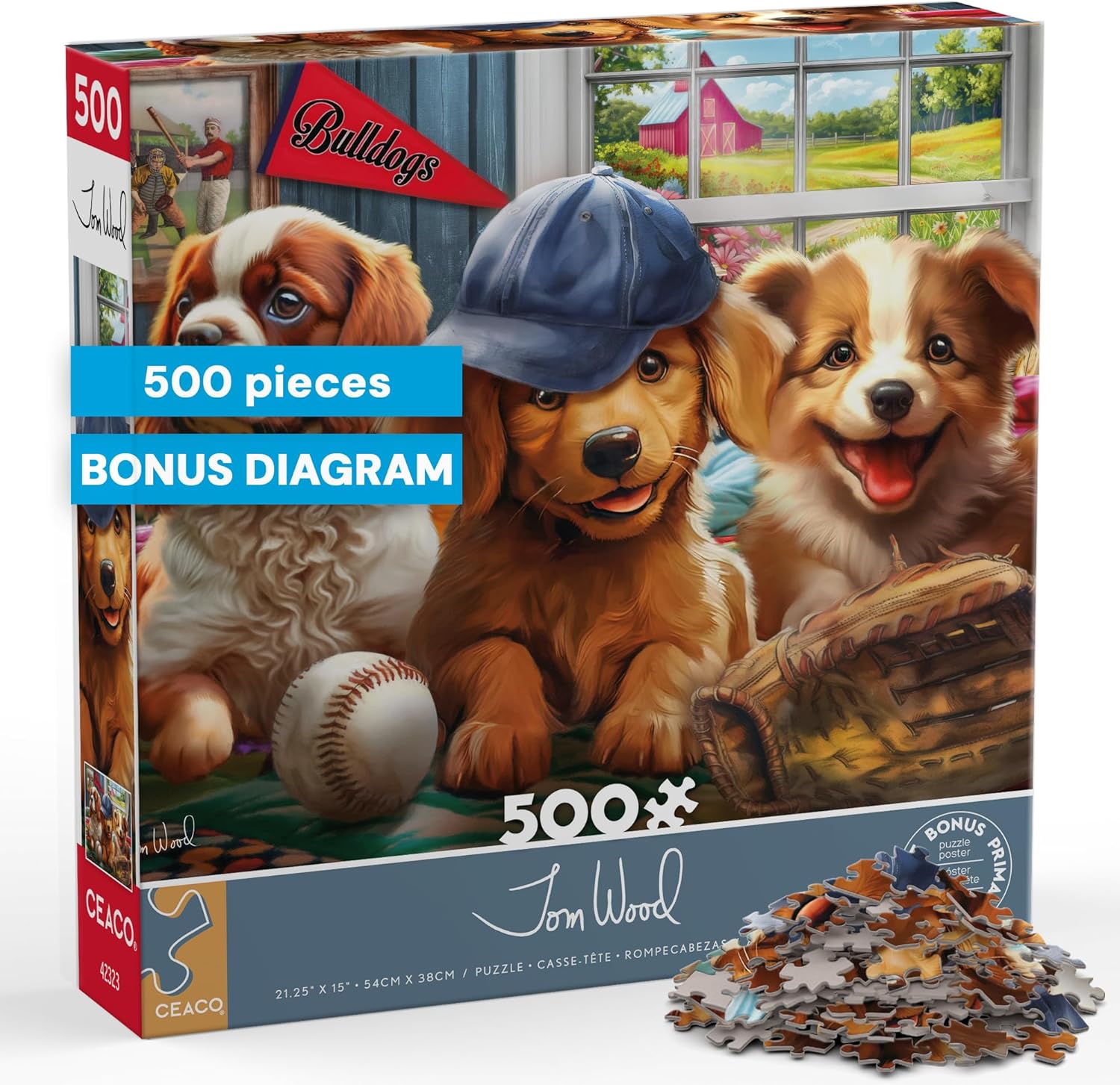 Ceaco – Puppy Players – 500 Piece Oversized Jigsaw Puzzle by Tom Wood, Playful Baseball Dogs, EZ-Hold Larger Pieces, Made in the USA