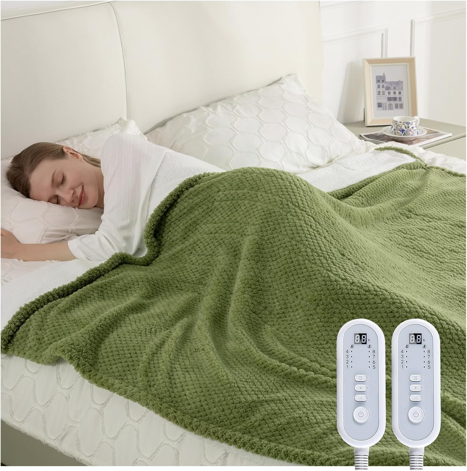 Heated Blanket Electric Blanket King Size, 90" x 100" Fast Heating Blanket with Dual Control 8 Heating Levels & 10 Hours Auto Off, Machine Washable, ETL & FCC Certification, Green