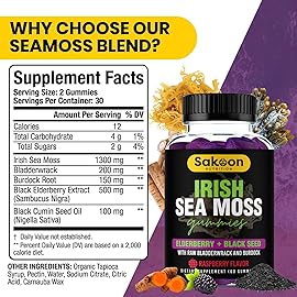 Sakoon nutrition Irish Sea Moss Gummies with Elderberry & Black Seed Oil - Overall Wellness Support | Rich in Vitamins, Raspberry Flavor | 60 Gummies