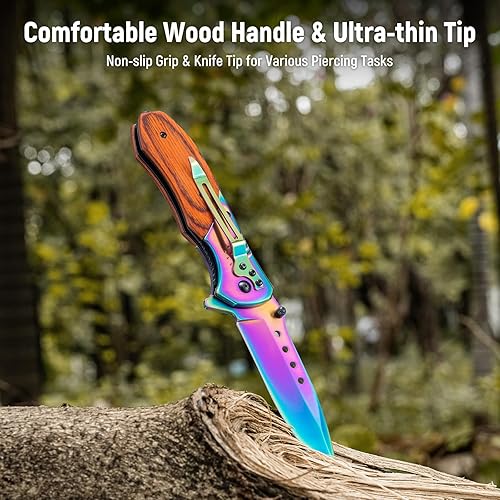 Vista 13 de Navaja de bolsillo para hombre – Cuchillos de bolsillo plegables con mango de madera con clip, rompedor de vidrio, cuchillo EDC de hoja afilada