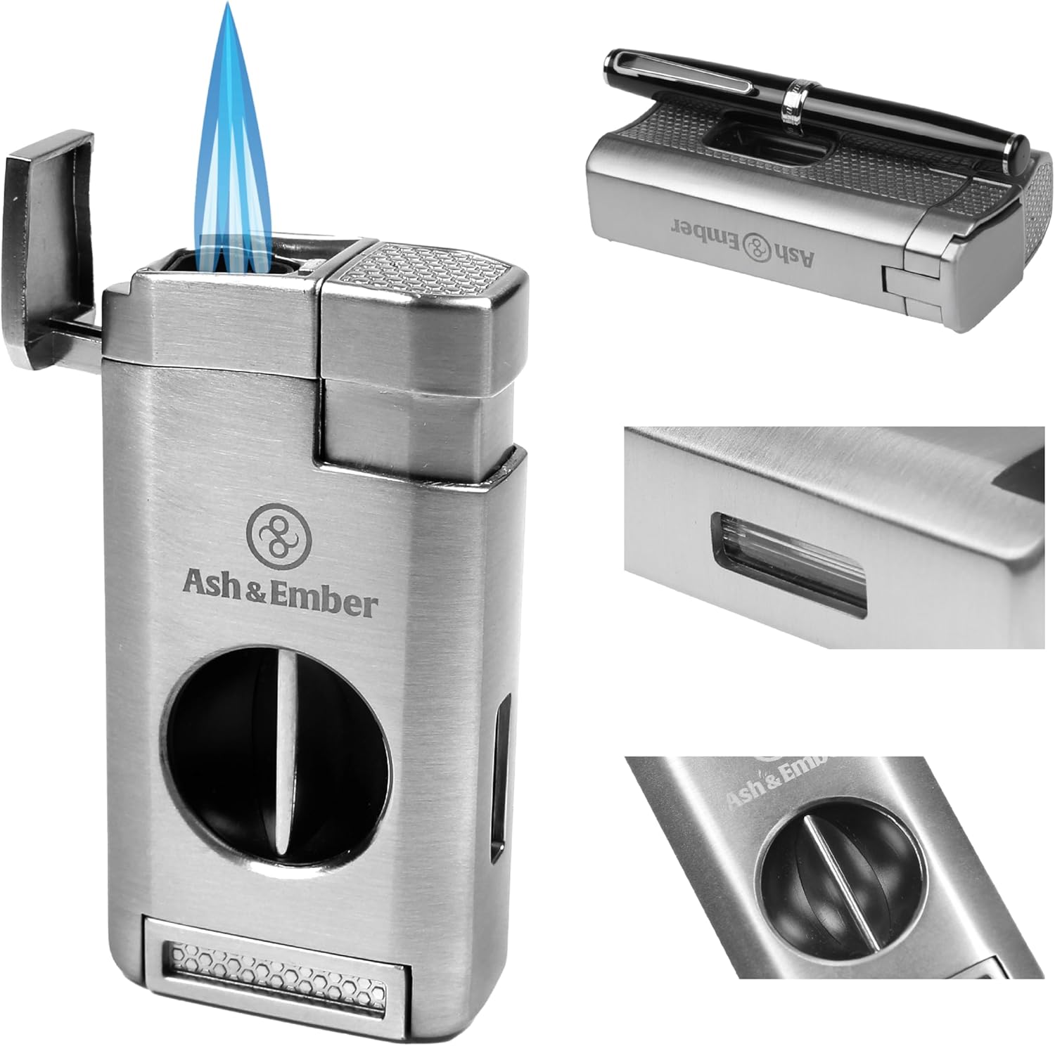 “Spirit“ Cigar Lighter with V-Cutter – Triple Jet Flame Butane Refillable Torch Lighter with Cigar Rest, Windproof, Transparent Fuel Window, Ergonomic Grip, Premium Gift Box for Men – Ash & Ember