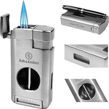 Spirit Cigar Lighter with V-Cutter Triple Jet Flame Butane Refillable Torch Lighter with Cigar Rest, Windproof, Transparent Fuel Window, Ergonomic Grip, Premium Gift Box for Men Ash & Ember