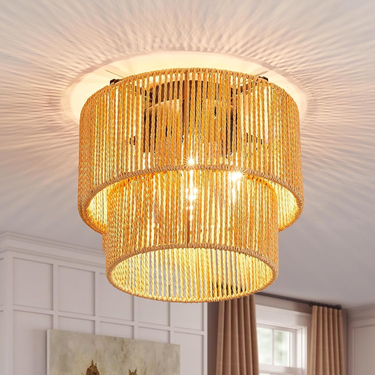 Rattan Ceiling Light, Boho Ceiling Lamps Fixture, Hand Woven 11.8" 4 Lights Light Fixtures