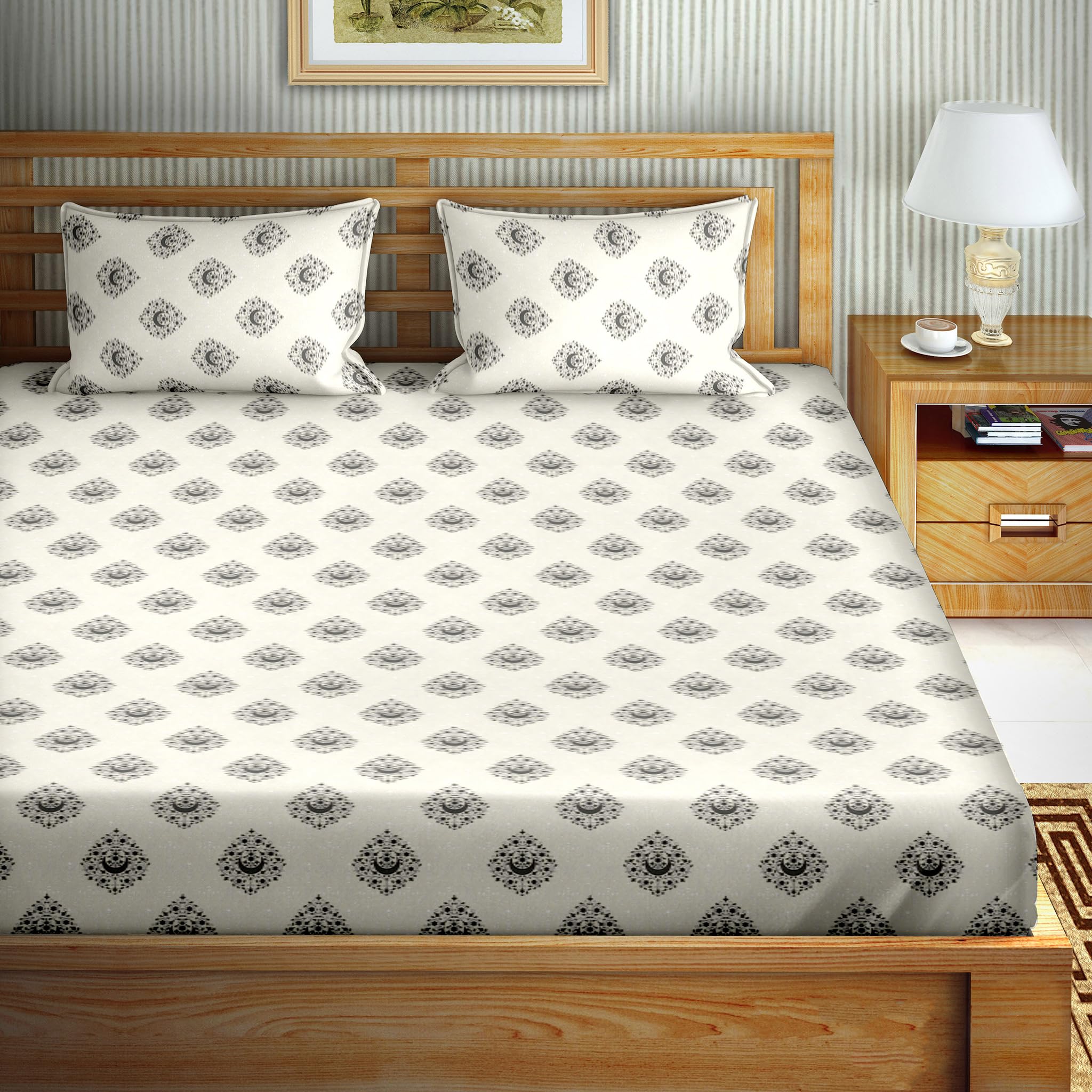 Bella Casa Double Bedsheet with 2 Pillow Covers Set Cotton King Size Floral Desige Grey Colour - Stella Collection