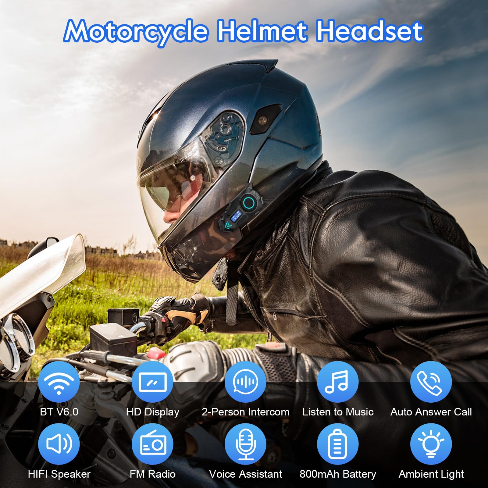 Auricolare Bluetooth per Casco da Moto, Interfono Moto con IP65 Impermeabile, doppia tecnologia intelligente di riduzione del rumore, 500m Comunicazione, schermo digitale, Autonomia di 40 ore