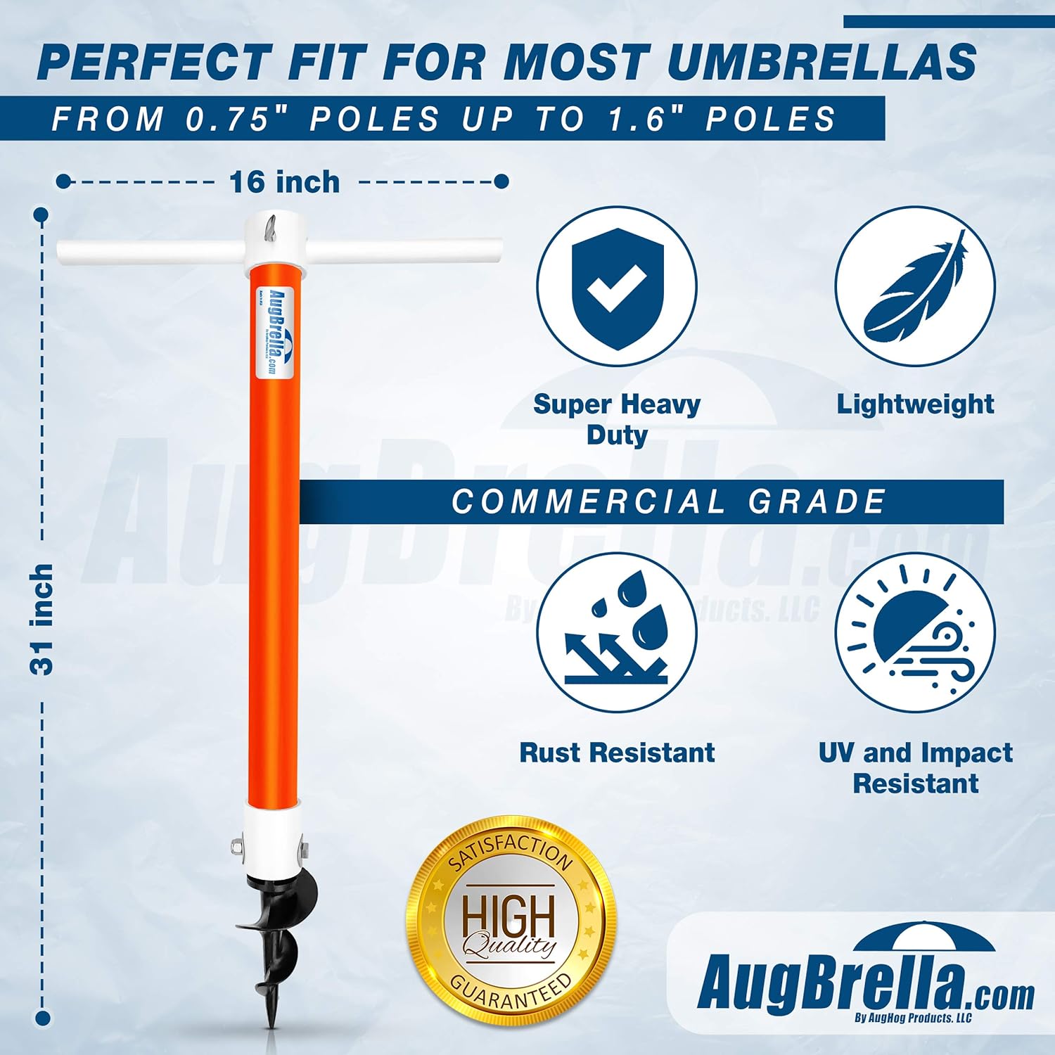 AugHog® AugBrella Commercial-Grade Beach Umbrella Sand Anchor – Heavy-Duty 31″ Deep Auger with Stainless Steel Hardware – Fits Poles up to 1.6″ – UV & Impact Resistant – Made in USA (Orange)