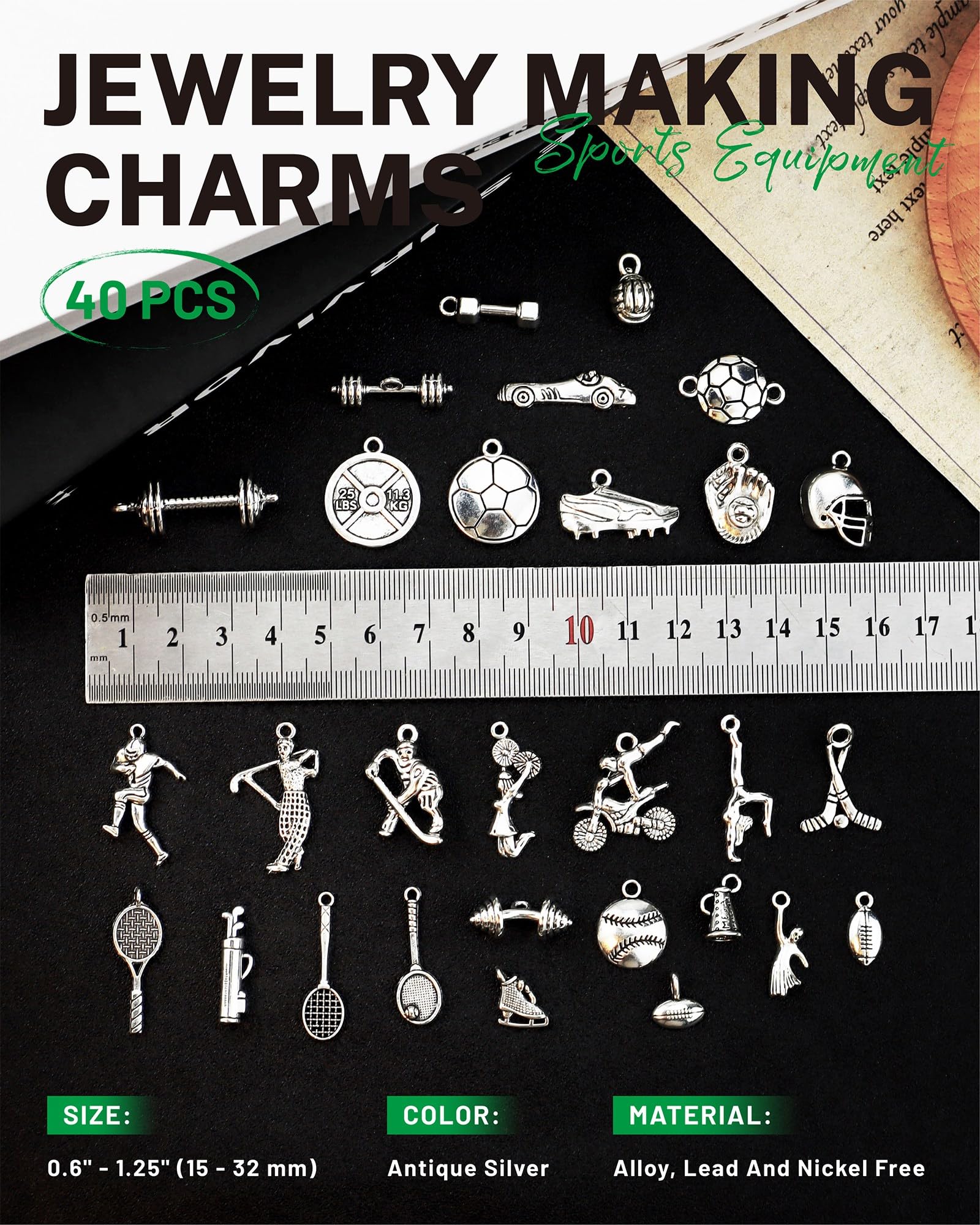 JIALEEY 40 PCS Sports Equipment Charms Mixed Cheerleader Dance School Sports Spirit Gymnastics Pendants DIY for Jewelry Making and Crafting
