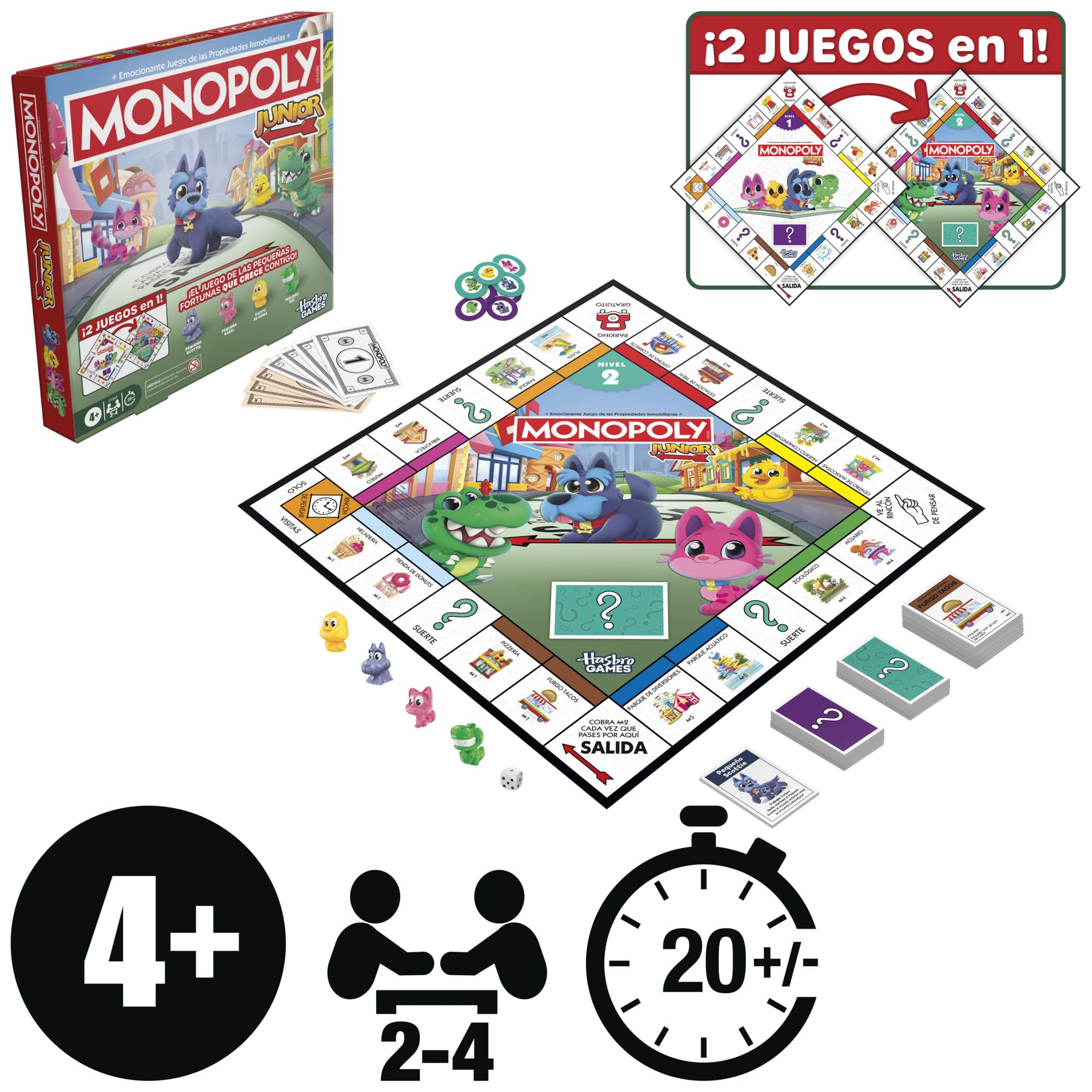 Juego de Mesa Monopoly Junior (Edición 2026) | 2 Juegos en 1 para niños pequeños, Tablero de 2 Caras | A Partir de 4 años | 2-4 Jugadores | 20 min. | Regalos preescolares - Versión en español