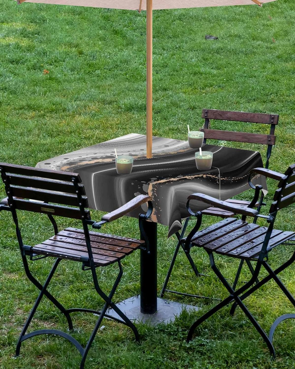 Outdoor Tablecloth with Umbrella Hole and Zipper 60" Square Black Abstract Wavy Lines Water Repellant Table Cover Tabletop Collection for Party Patio Picnic