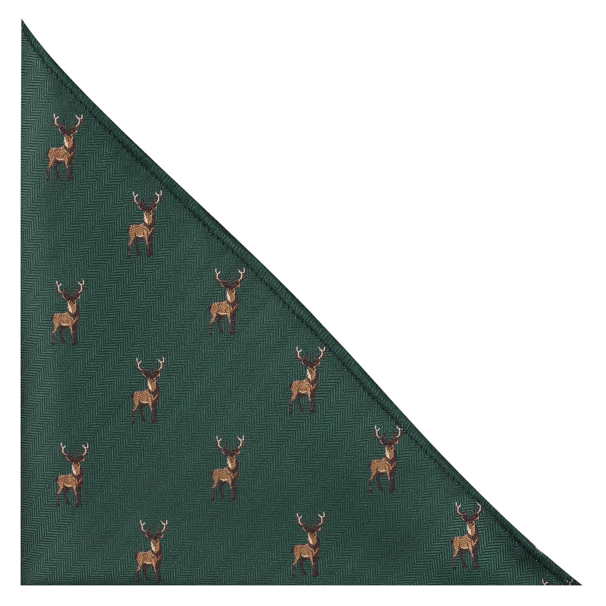 King & Priory Standing Stag Dark Green Herringbone Embroidered Pocket Square, Handkerchief