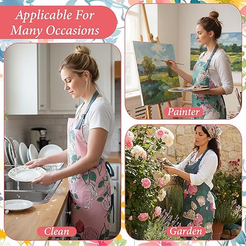 Miniatura 4 de 6 delantales florales con bolsillo, delantales duraderos para mujer, delantales de cocina impermeables ajustables para cocinar, hornear, cocina,