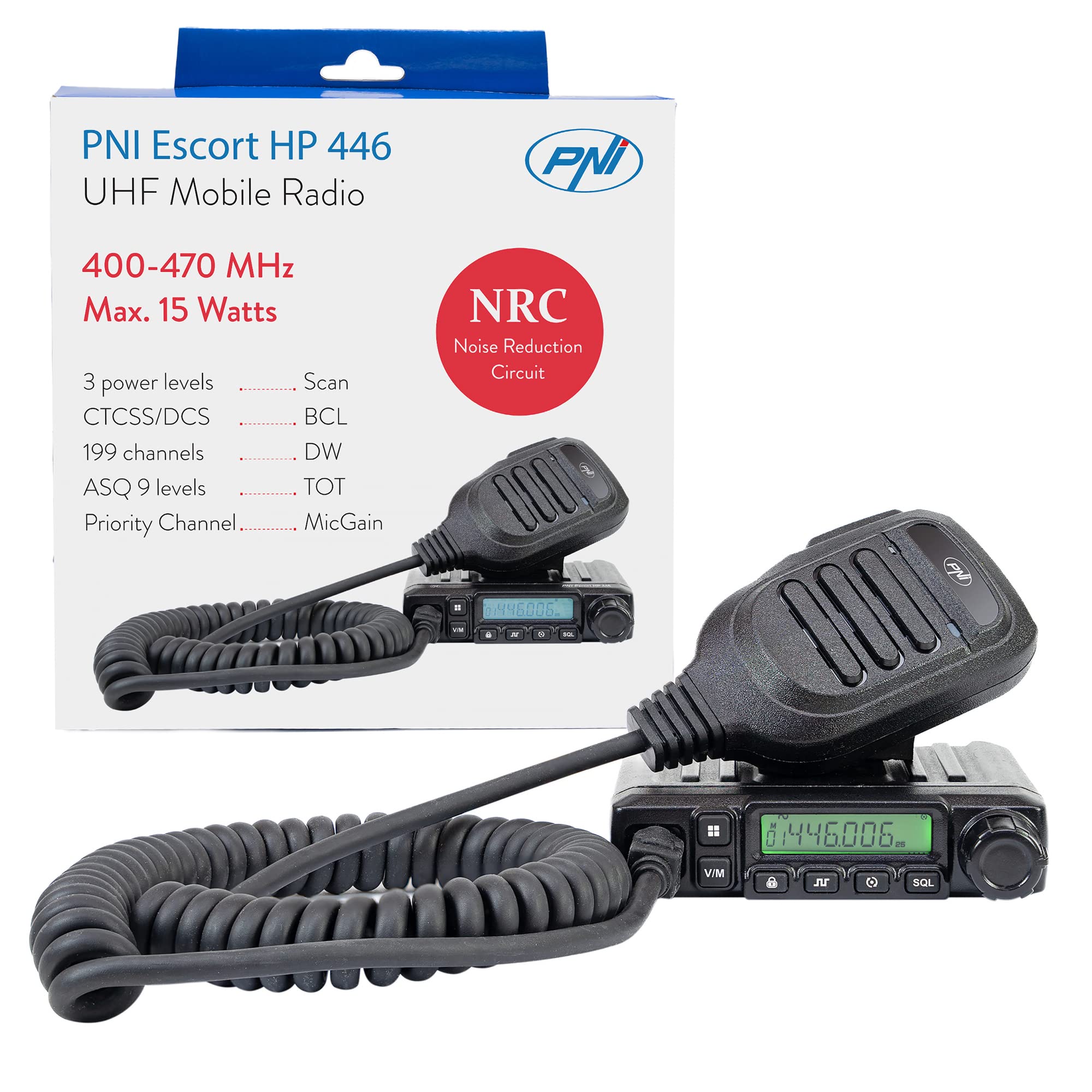 PNI Escort HP 446 CB UHF Radio 199 canaux ASQ 9 Niveaux Scan, Dual Watch, CTCSS-DCS, Puissance Max 15 W, Fonction NRC