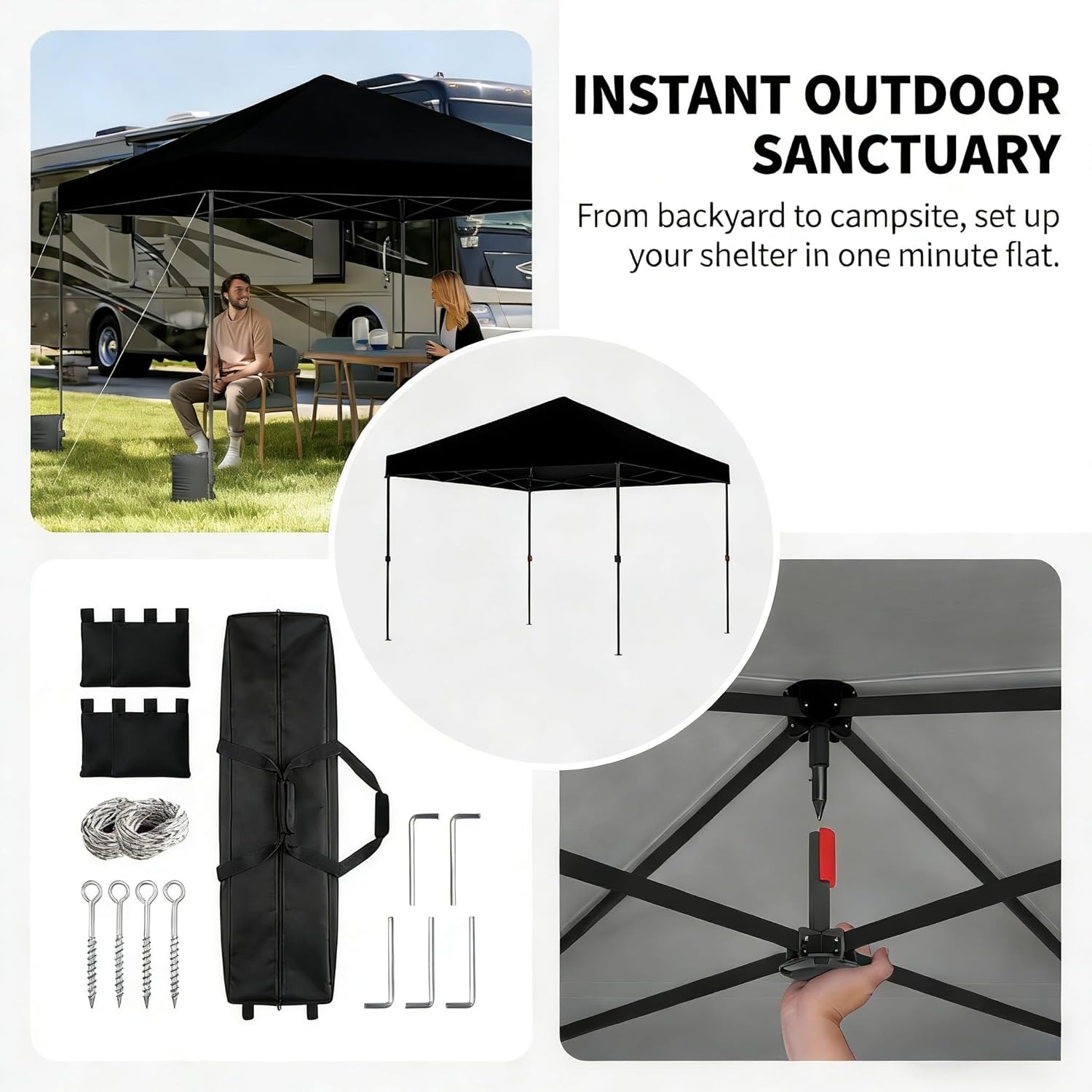 Pop Up Canopy 10x11, White, UV Protection, Water Resistant, Mosquito Netting, Adjustable Height, with Roller Bag (Black)