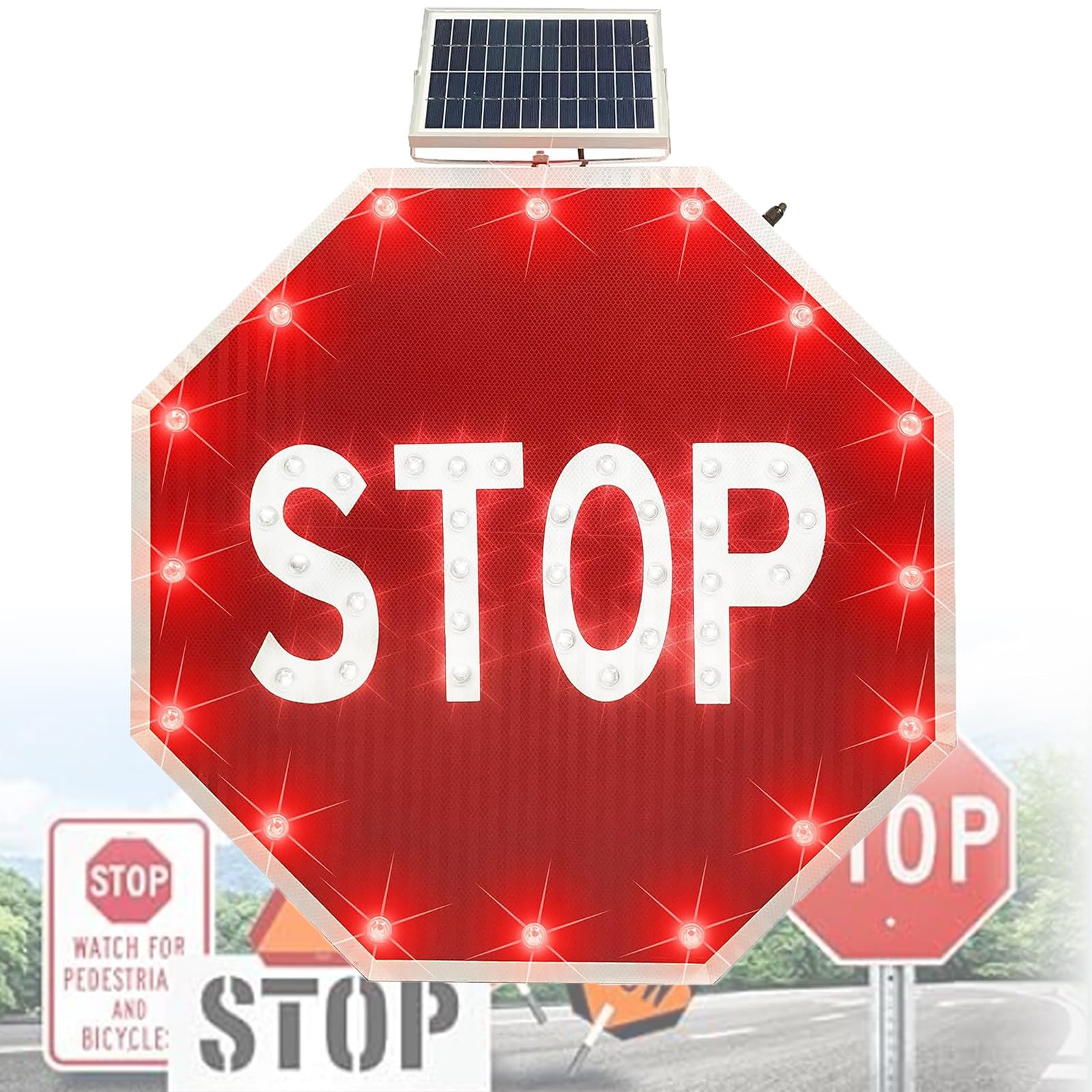 PtaTritious Stop Sign 24''/30'', Solar Powered LED Flashing Stop Sign, Aluminum Octagon Road Signs Traffic LED Blinking Street Red 24''