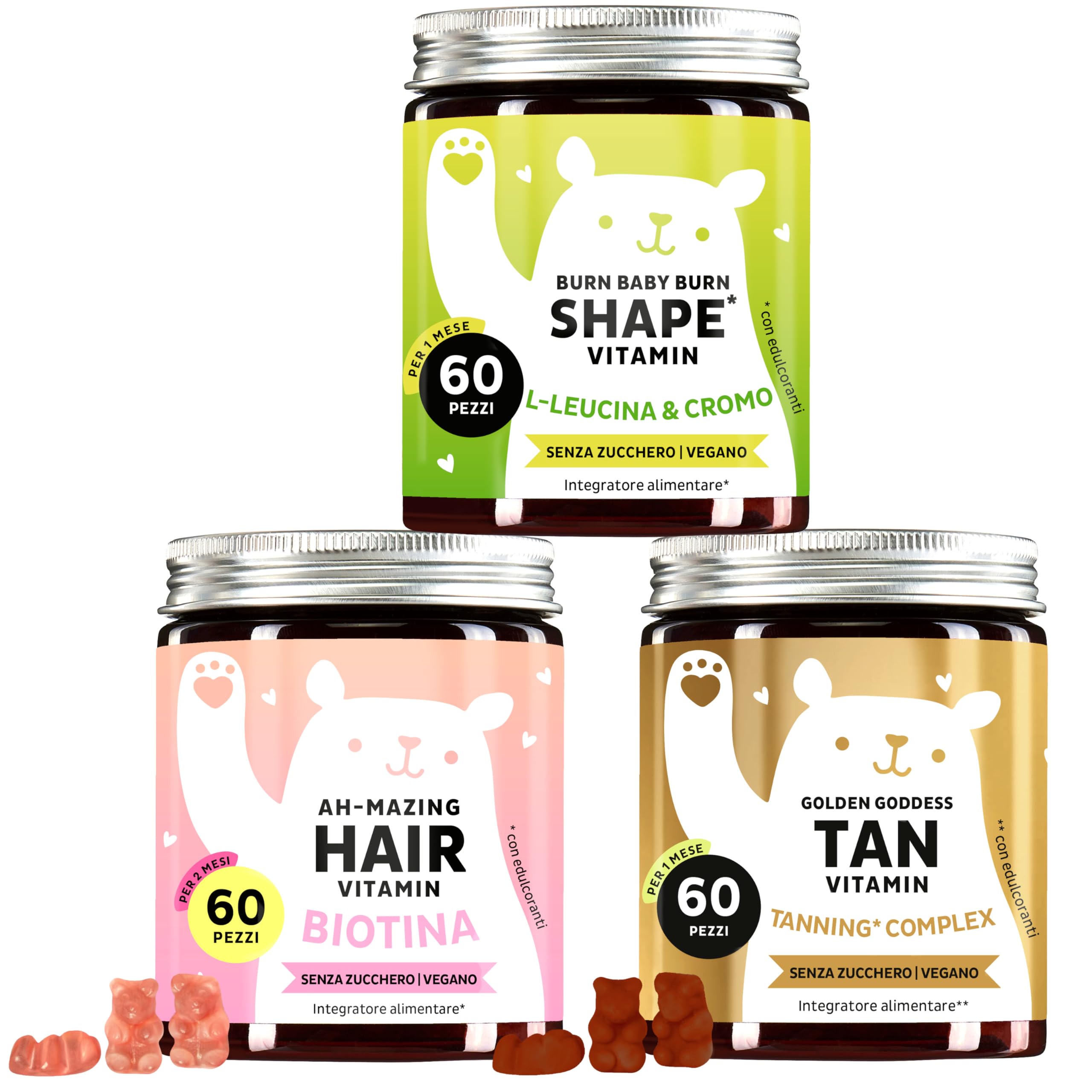 Trio – Per capelli, pelle e linea – Tripla azione bellezza - Con biotina per i capelli, rame per la pelle e cromo per il metabolismo - 3x60 pezzi- Senza Zucchero, Vegano - Bears with Benefits