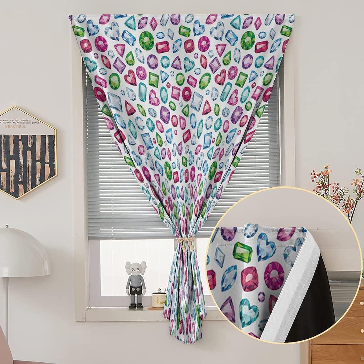 XISUNYA Self Adhesive Portable Blackout Curtains, Diamond Room Darkening Curtains, Heart and Geometrical Colorful Diamonds Precious Gemstones Crystals Print Temporary Blackout Blinds,59W x72L Inch