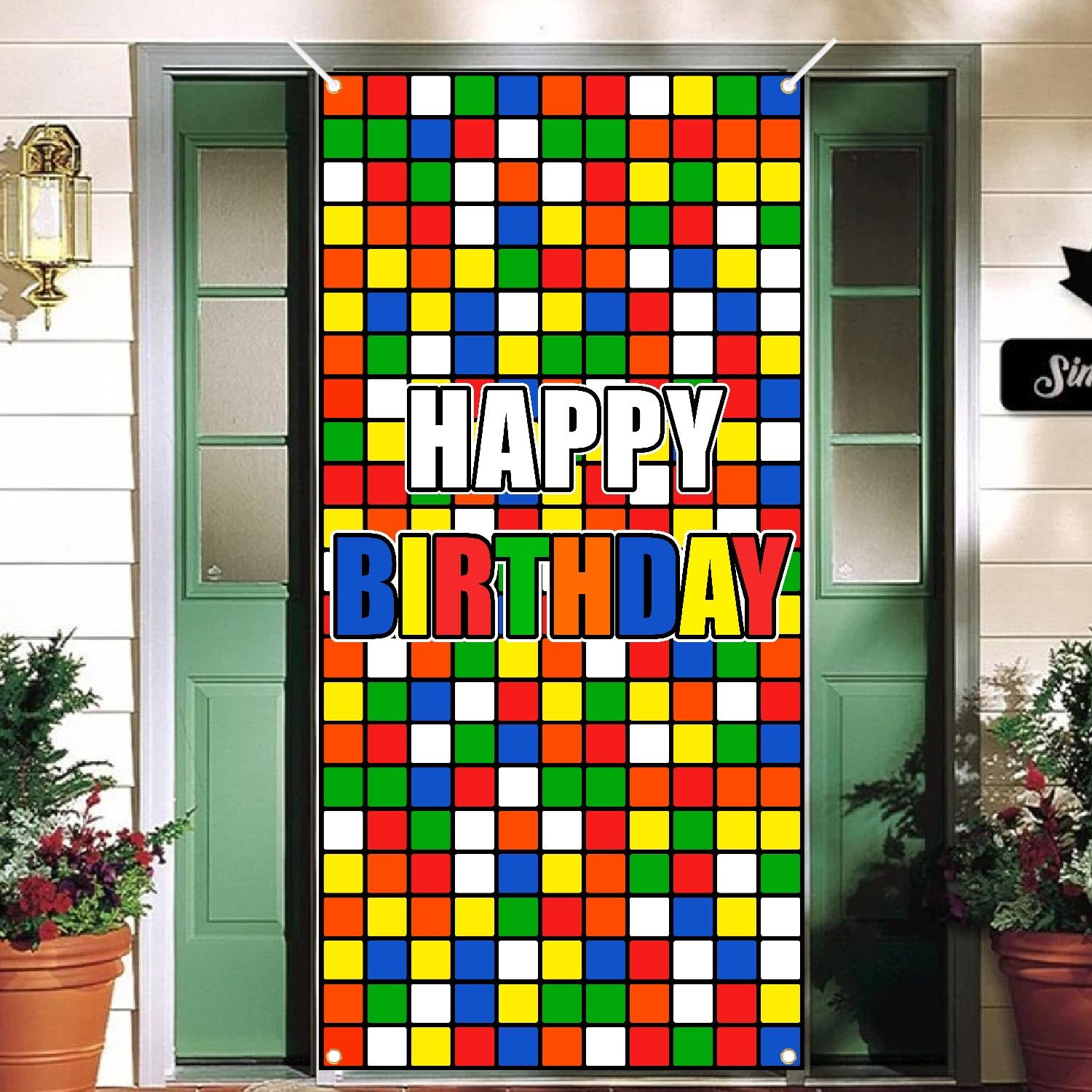 Colorful Cube Birthday Party Backdrop Banner Puzzle Game Themed Door Cover Colorful Plaid Block Backdrop for Boys Girls Birthday Party Photo Photography Prop Booth Background 35.4x72.8in-BECKTEN