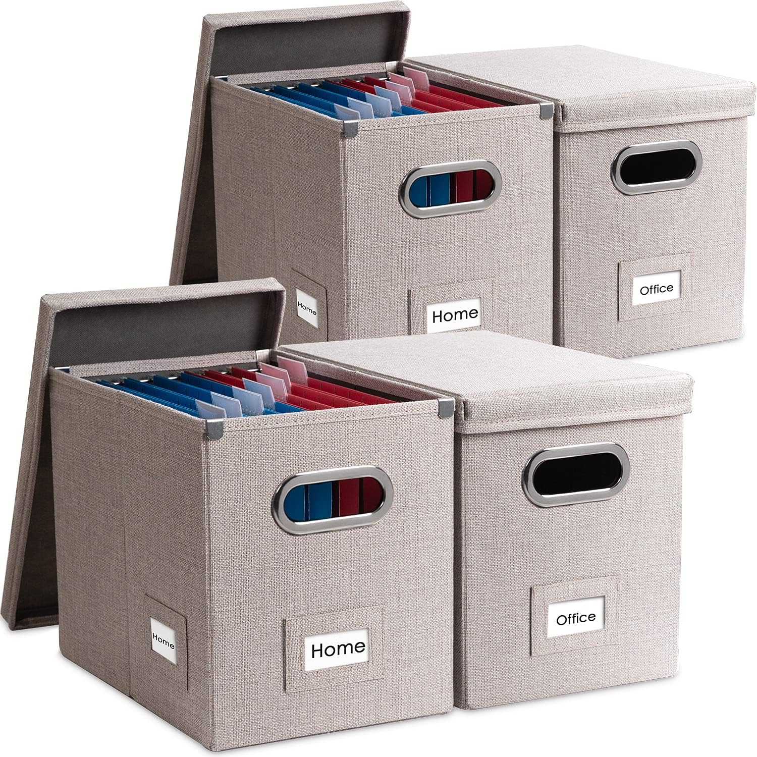 PRANDOM Caja organizadora de archivos, juego de 4 carpetas plegables decorativas de lino para almacenamiento de archivos colgantes con tapas,
