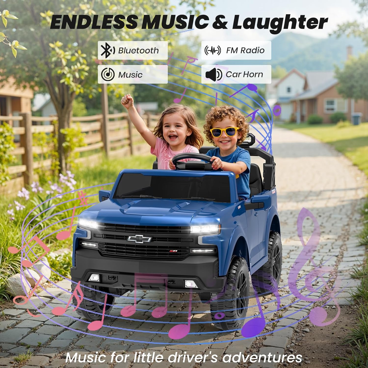 Licensed Chevrolet Silverado 24V 2-Seater Ride on Truck, Sporty Blue Motorized Vehicle, Outdoor Adventure Pickup for Kids with Remote Control, All-Terrain 4 Wheeler, LED & Bluetooth (Blue)