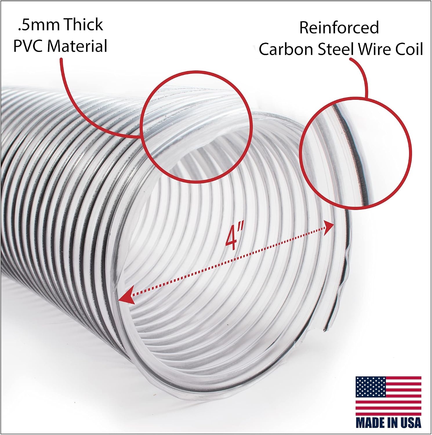 4 inch Diameter by 10 foot Long PVC Dust / Debris Collection Hose MADE IN THE USA with 2 each 4 inch Turnkey Stainless Steel Hose Clamps