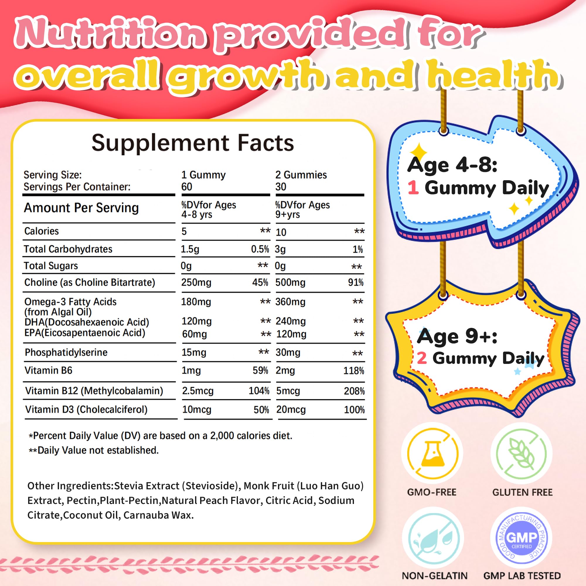 Kids Choline Gummies with Omega 3 (DHA+EPA), Phosphatidylserine for Kids & Teens 4+ with Vitamin D3, B6 & B12 for Brain Health, Focus, Immune Support, Sugar-Free, Vegan, Peach Flavor - 60 Count — Amazon image 7