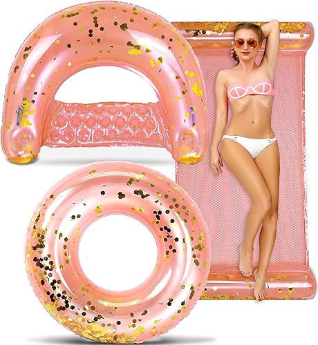 POZA Inflatable Pool Floats Seating Bundle - Premium Luxurious Loungers Filled with Sparkle Confetti, 36" Tube, 48" Pool Chair, and 56" Water