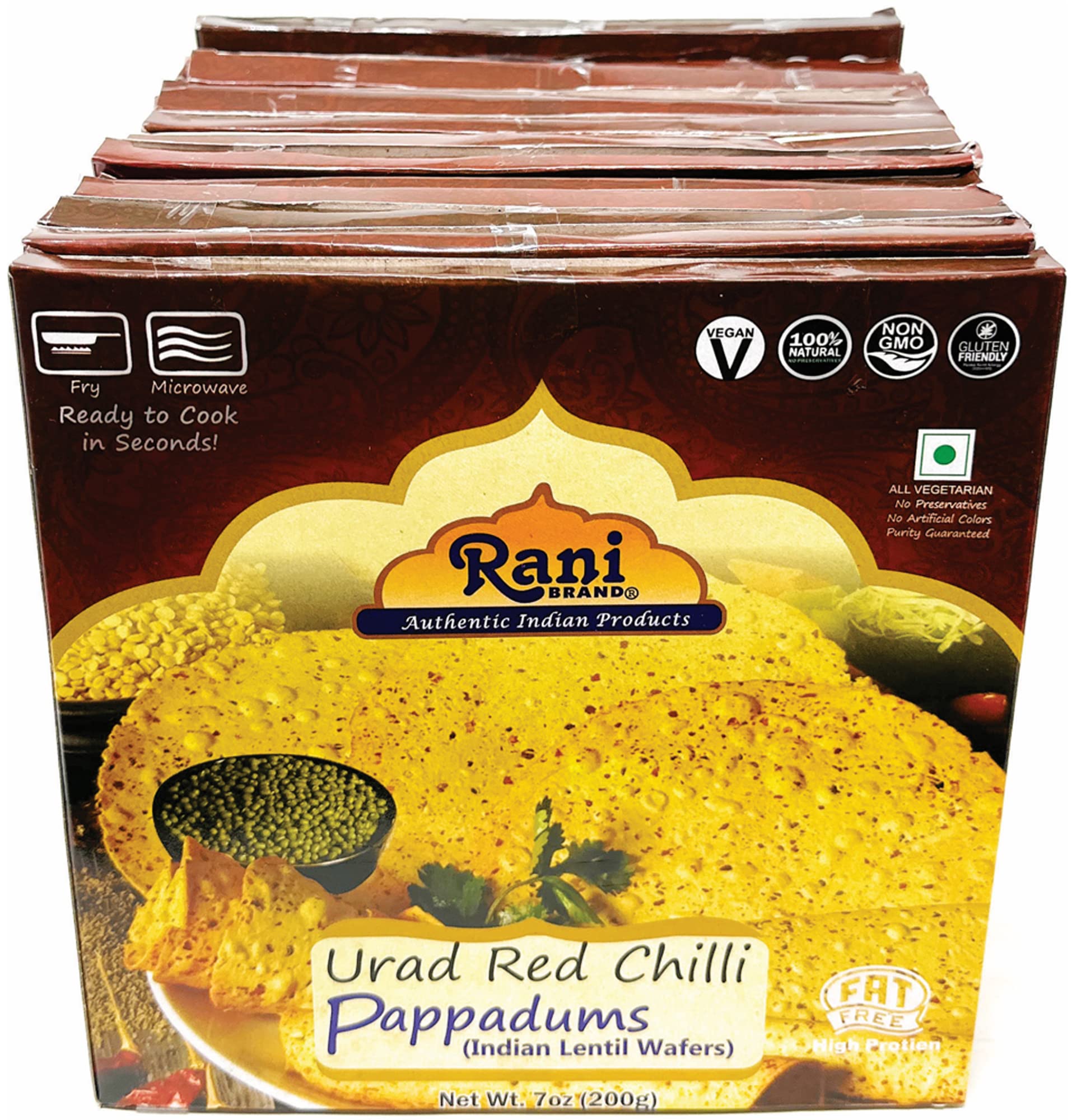 Rani Pappadums (Indian Lentil Wafer Snack) Red Chilli Papad 7oz (200g) Approximately 15pc, 7 inches, Pack of 12 ~ All Natural | Gluten Friendly |