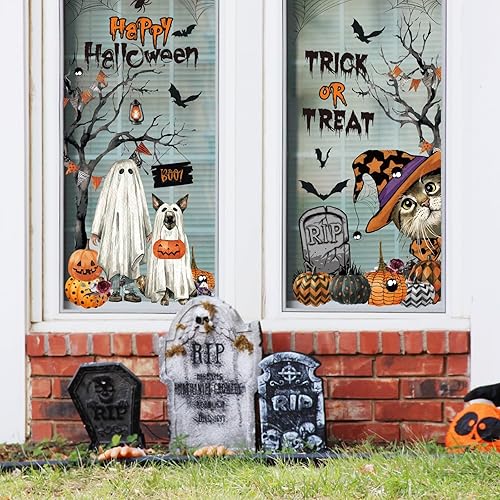 Miniatura 3 de 9 hojas de calcomanías para ventana de Halloween, acuarela, caricatura, calabaza, mascota, fantasma, murciélago, calcomanías decorativas de PVC para