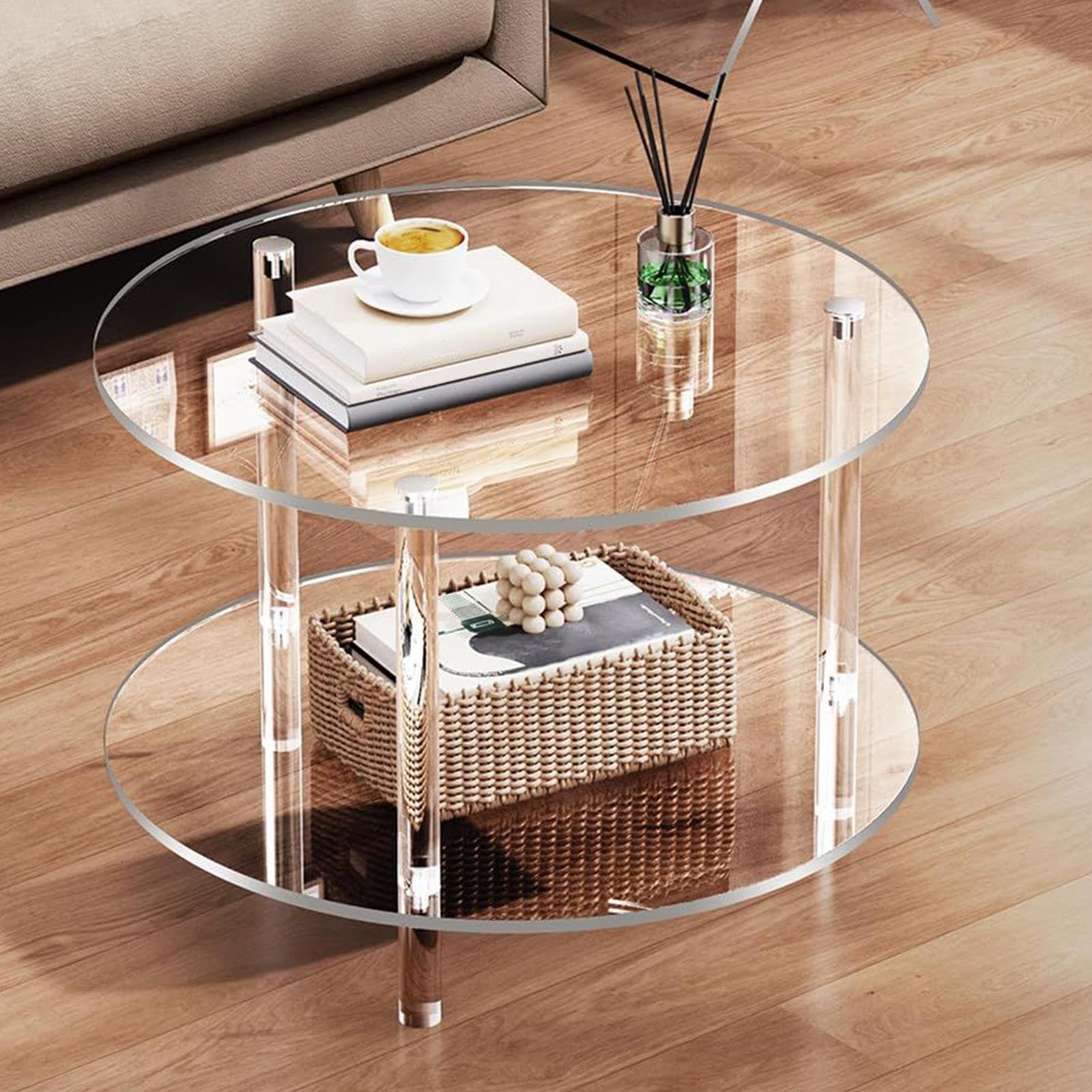 Tavolino da Caffè Rotondo Tavolino Soggiorno a 2 Livelli | Comodino Trasparente, Mobile 40x40x42 cm per Camera Soggiorno Studio Appartamento Terrazzo Giardino