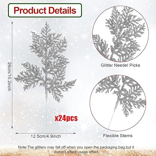 Miniatura 15 de FOIMAS 24 agujas de pino artificiales con purpurina, ramas florales de Navidad, ramas falsas de ramitas florales, aerosoles para coronas de árbol