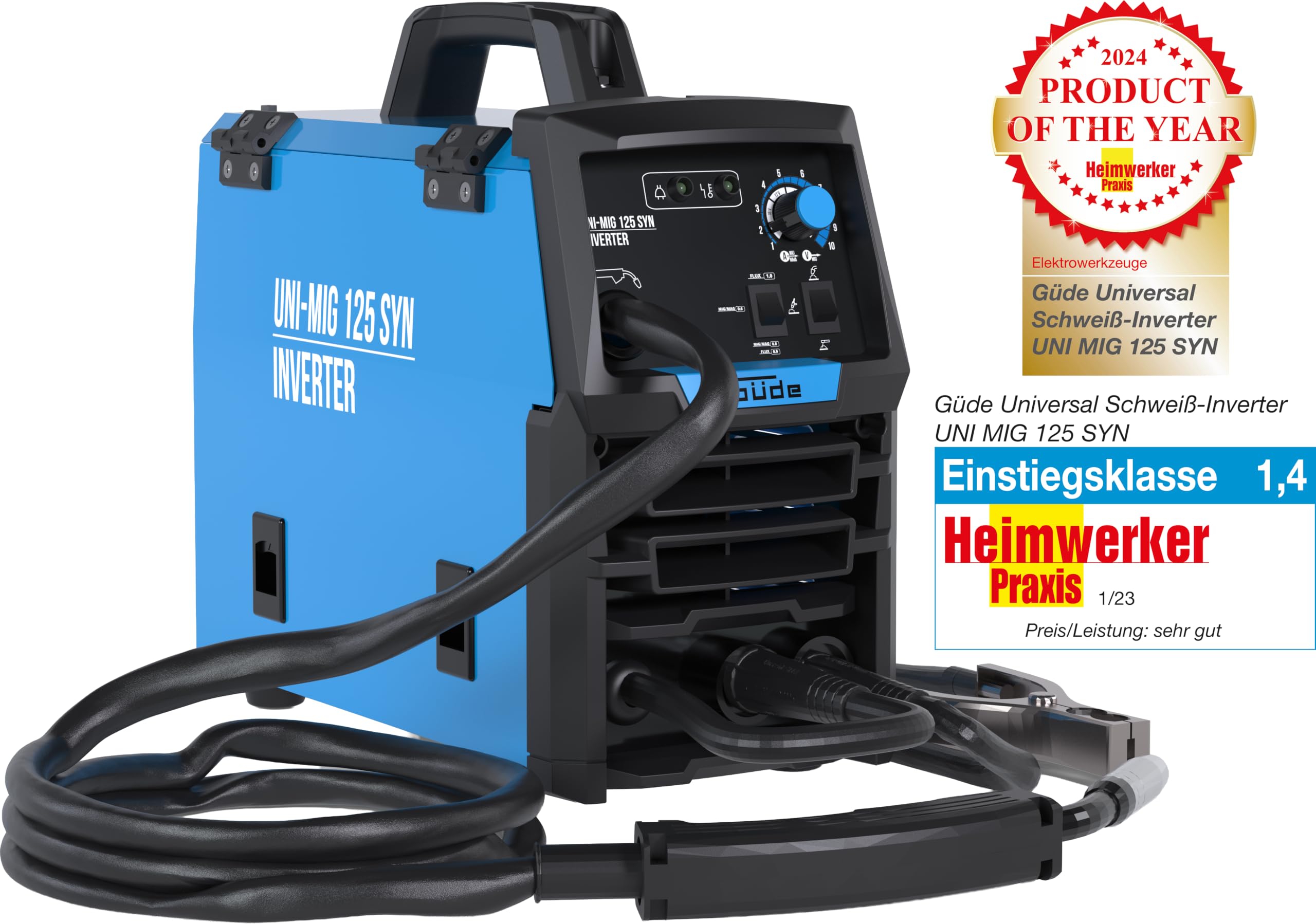 Güde Uniwersalna spawarka Uni-Mig 125 SYN (230 V, 4 w 1, maks. prąd spawania 120 A, regulator 20-120 A, w zestawie uchwyt elektrody, pakiet węży, zacisk masowy, młotek żużlowy, tarcza spawalnicza i