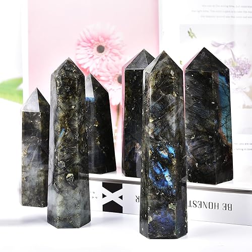 Miniatura 6 de Torre de cristal de labradorita grande natural curativa, varita de punta de cristal obelisco de 6 facetas Reiki chakras terapia de meditación para