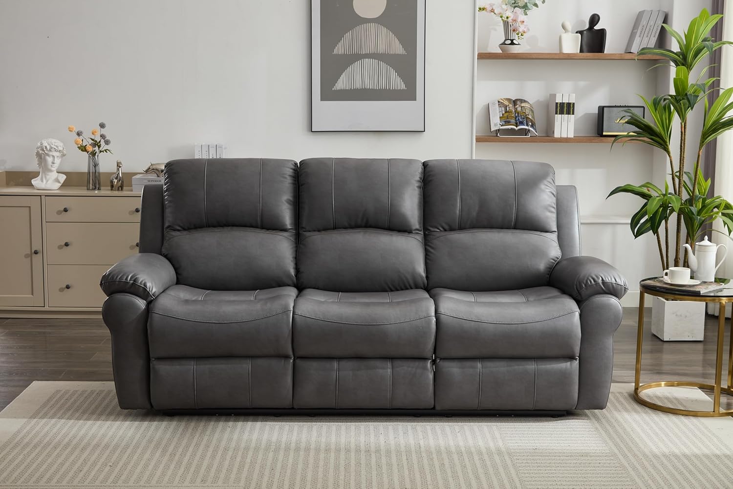 FANYE Breathable Leather Upholstered Power Motion 3 Seaters Sofa Couch W/USB Port, Wireless Charger,Stainless Steel Cupholders,Drop Down Table,2 Recliner Chaises and Magazine Bag, 85", Grayish Blue