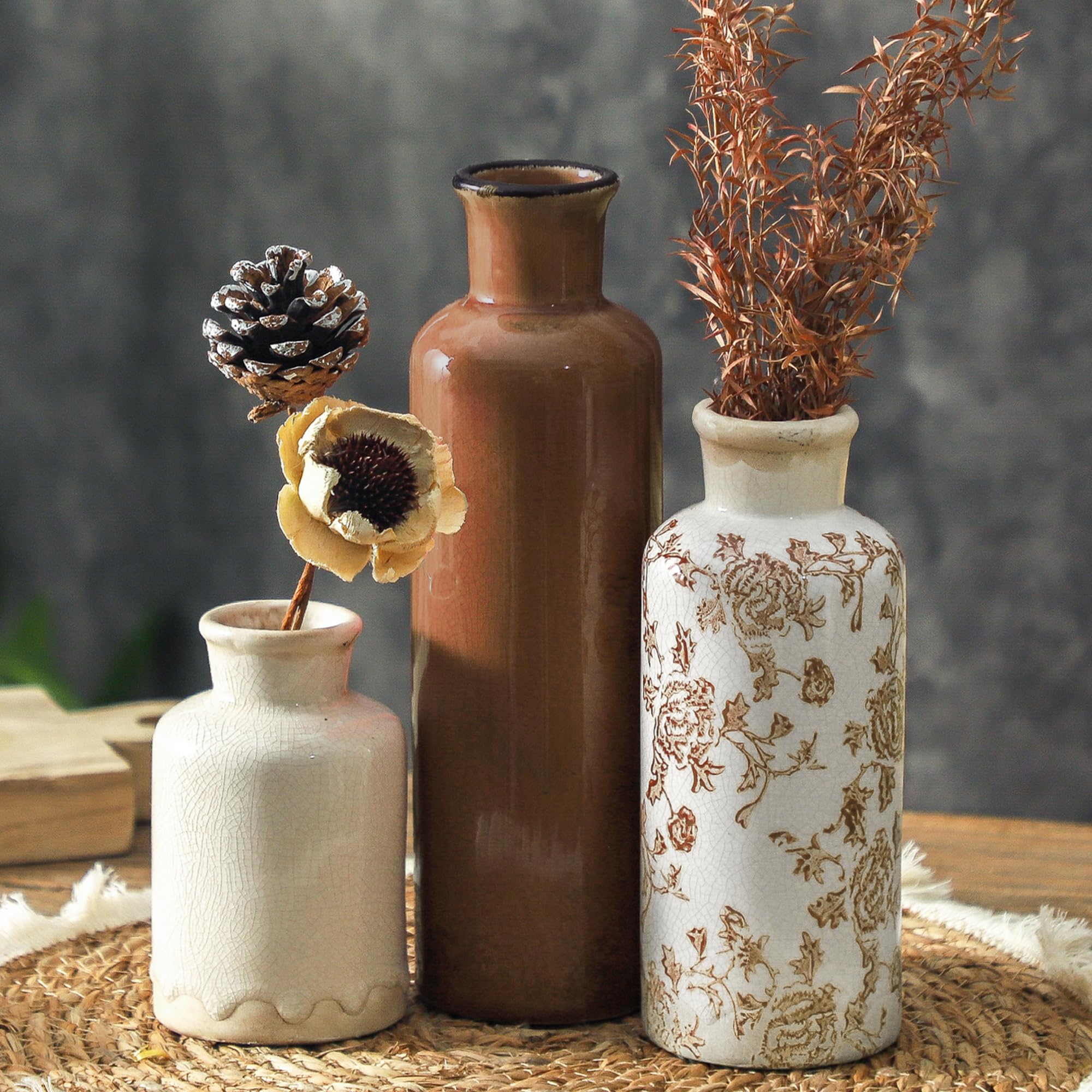 Vintage Vase 3er Set Keramik Vintage Blumenvasen Chinoiserie Dekorative Home Decor Retro Floral Vase Rustikale Bauernhaus Dekor für Tisch Bücherregal Kaminsims Küche Wohnzimmer Büro - Braun