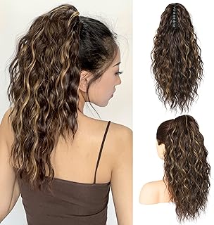 SEIKEA 18" Highlight Ponytail Extension, PT002 Tia Claw Long Multi Layered Fluffy Thick Wavy Jaw Clip in Fake Pony Tails Fake Hair Soft Natural Hairpiece Chocolate Brown Caramel Blonde Highlights