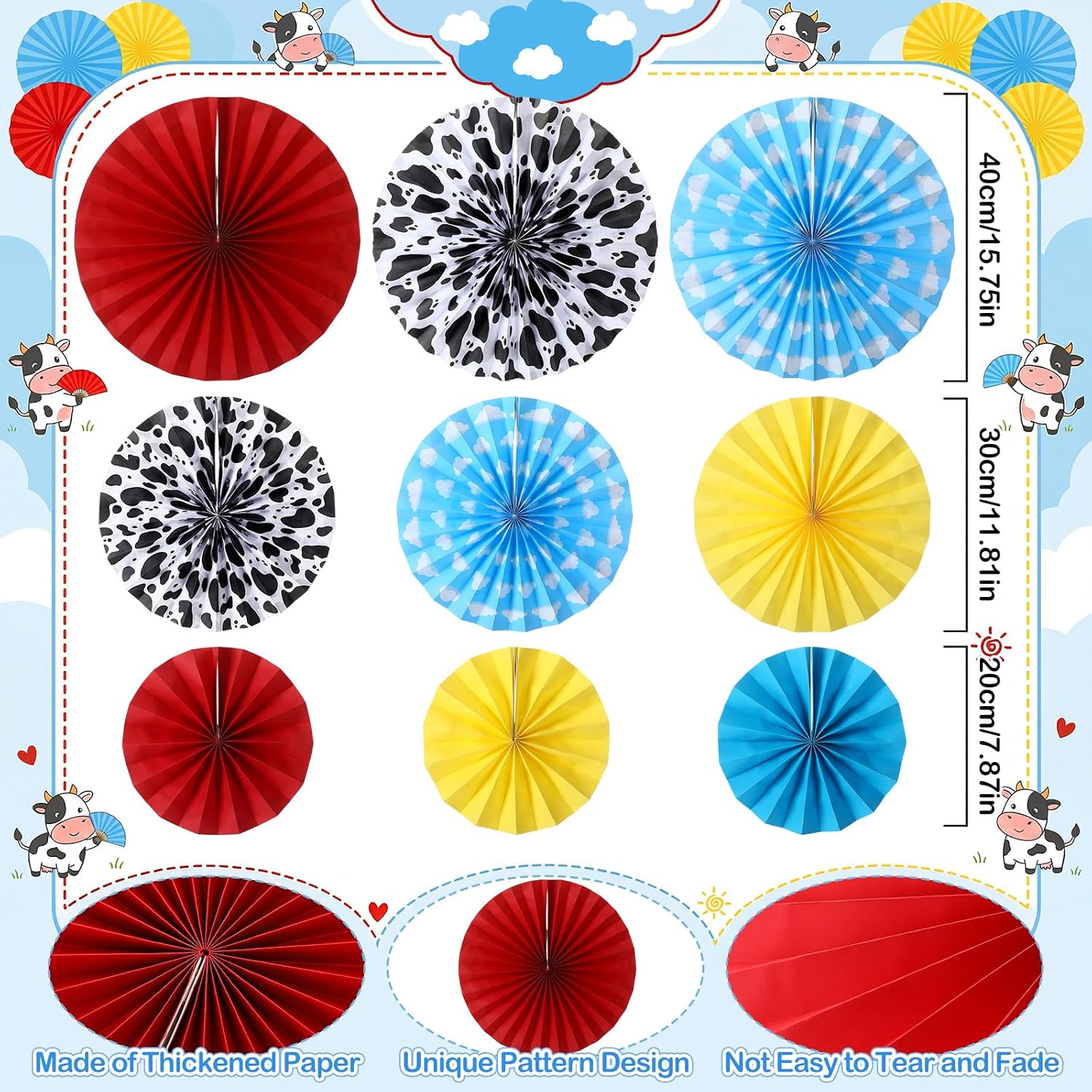 Outus 9 Pcs Cartoon Story Party Paper Fans Blue Sky White Clouds and Cow Print Hanging Decorations Red Yellow Blue Paper Fans Hanging Ceiling Wall Decors for Birthday Baby Shower Party Supplies