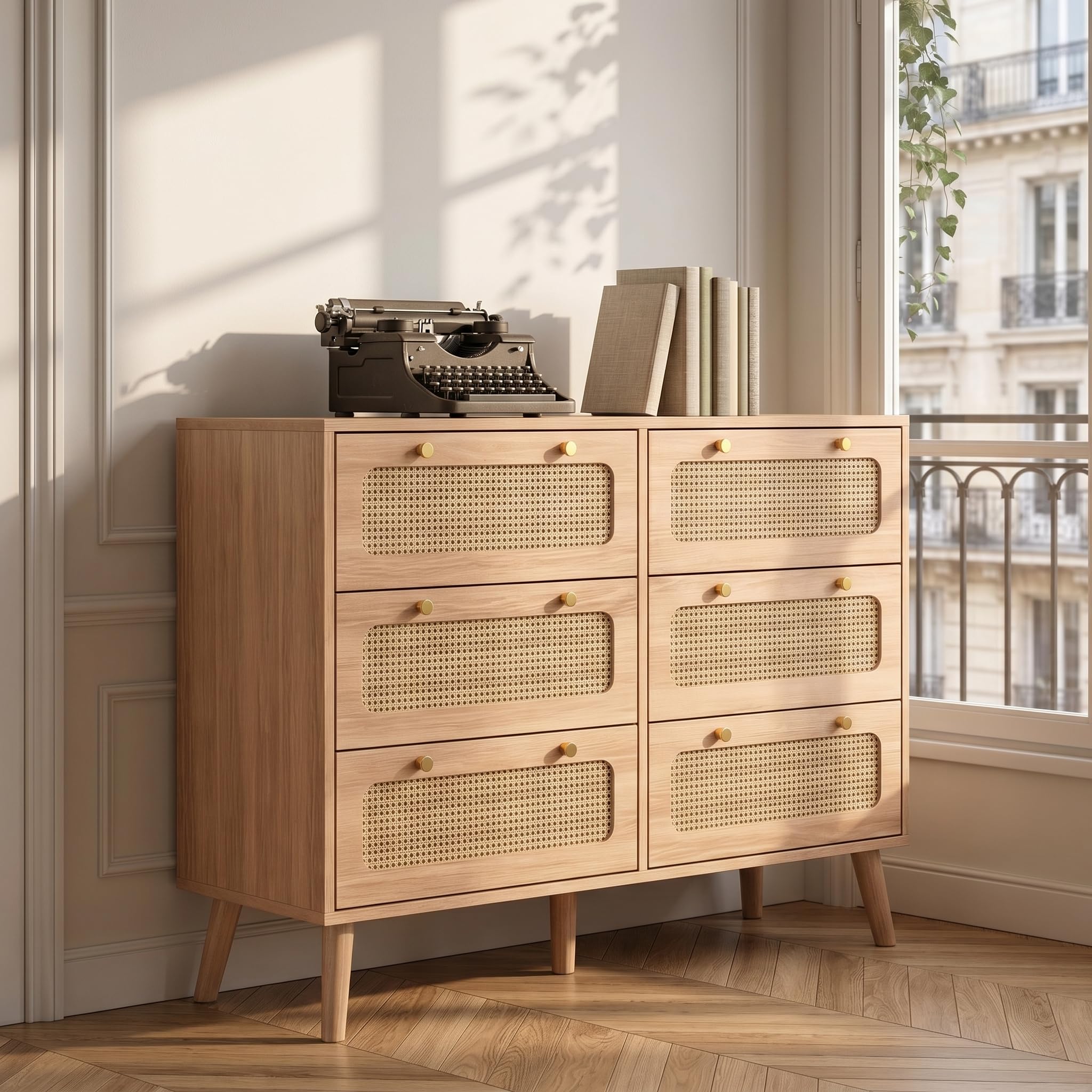 Cassettiera in rattan naturale con 6 cassetti in rattan, in legno, 100 x 34 x 73 cm, moderna per ufficio, soggiorno e camera da letto