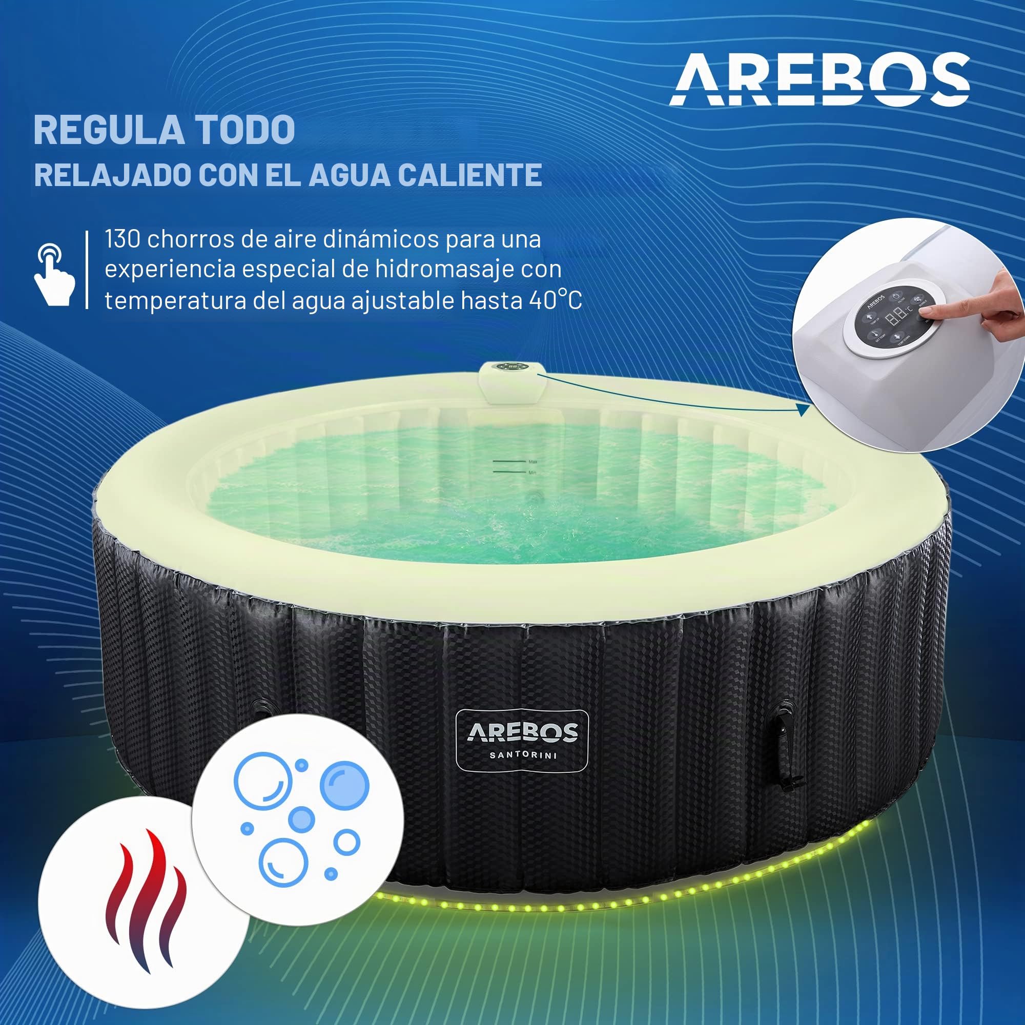 Arebos SPA Hinchable | Inflable automático | para Interior y Exterior | ⌀ 208 cm | 6 Personas | Banda Luminosa LED | 130 boquillas de Masaje | 1000 L | Incluye Cubierta | Bubble SPA & Wellness Masaje