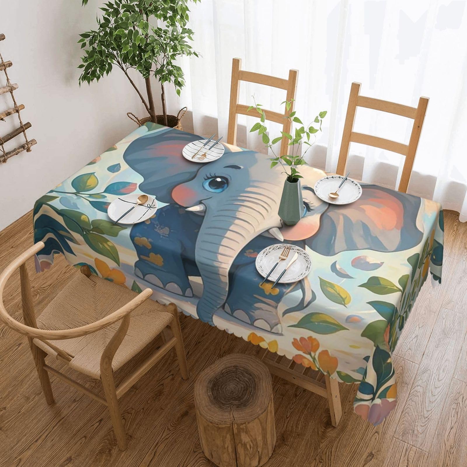 QLDETUPWLX Rectangle Table Cloth 137x183 cm Lovely Elephant Tablecloths Wrinkle Free Table Cloth Washable Fabric Desktop Protection Decoration Tables Cover for Party Dining Indoor and Outdoor
