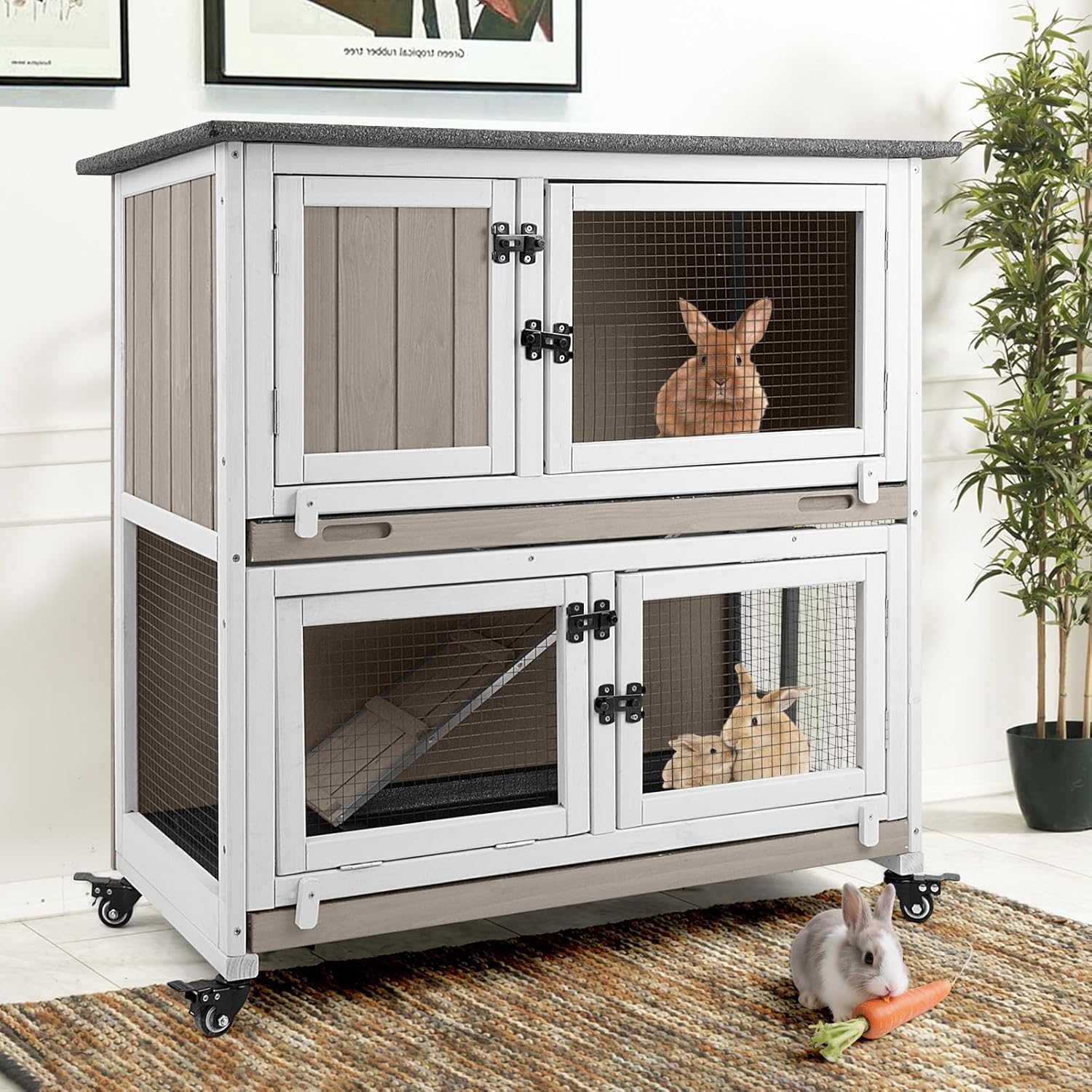 2 Story Rabbit Hutch Indoor with 2 Deeper Pull-Out Trays, Wooden Rabbit Cage with 4 Lockable Wheels, Ramp, Chew-Anti Metal Strip for Rabbit, Guinea Pig, Hamster(36" L x 17.8" W x 36.7" H)