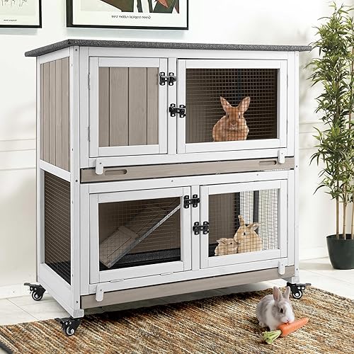 2 Story Rabbit Hutch Indoor with 2 Deeper Pull-Out Trays, Wooden Rabbit Cage with 4 Lockable Wheels, Ramp, Chew-Anti Metal Strip for Rabbit, Guinea Pig, Hamster(36" L x 17.8" W x 36.7" H)