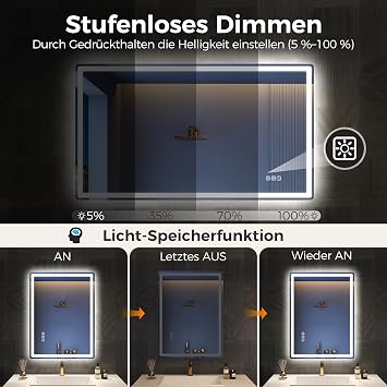 STARLEAD Large Bathroom Mirror with Dimmable LED Lighting 3 Colour Temperatures Memory Function Defogging Function Bluetooth Tempered Glass IP44 Horizontal/Vertical Hanging 120 x 70 cm [Energy Class E]