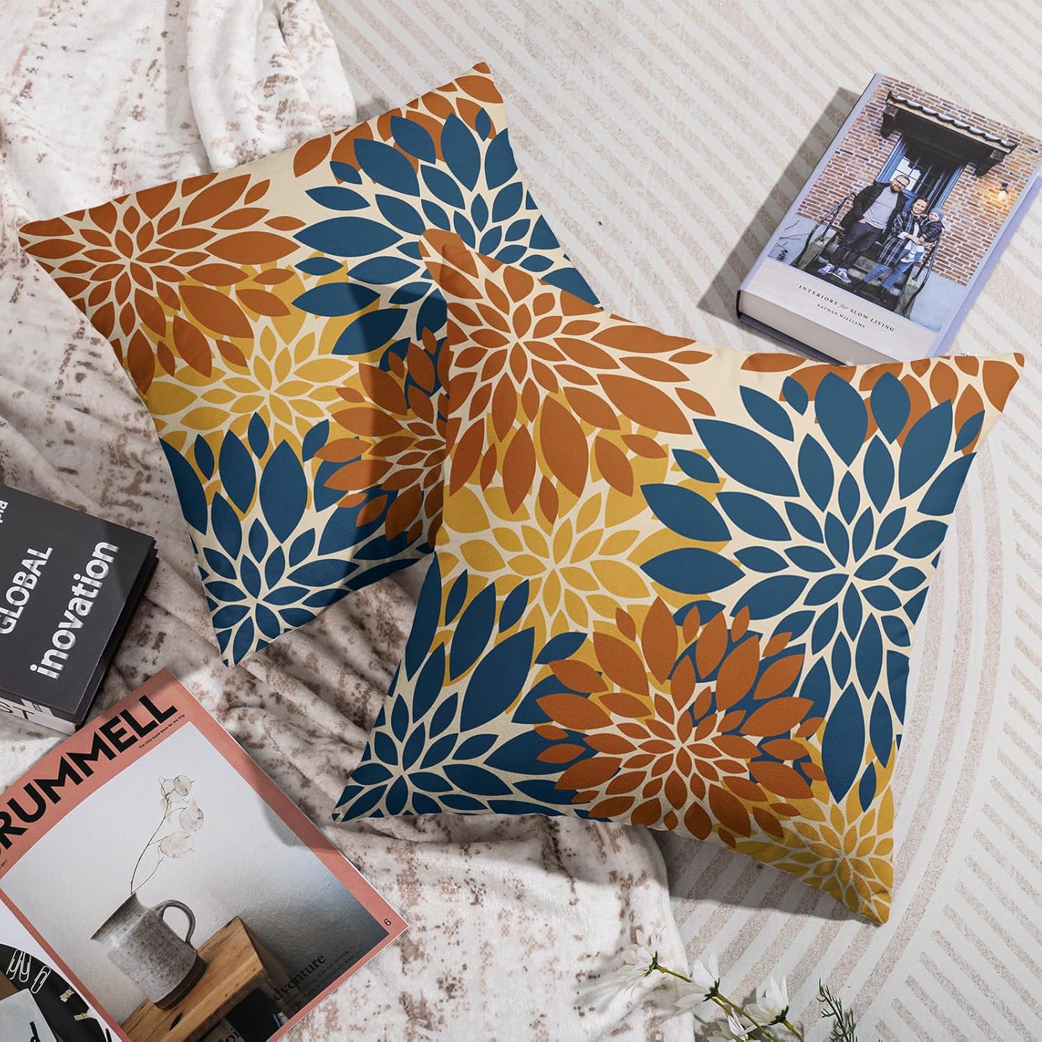 Blue Orange Yellow Pillow Covers 24X24 Inch Set of 2, Modern Dahlia Floral Print Decorative Throw Pillow Covers Outdoor Farmhouse Cushion Case for Home Couch Sofa Bed Decoration
