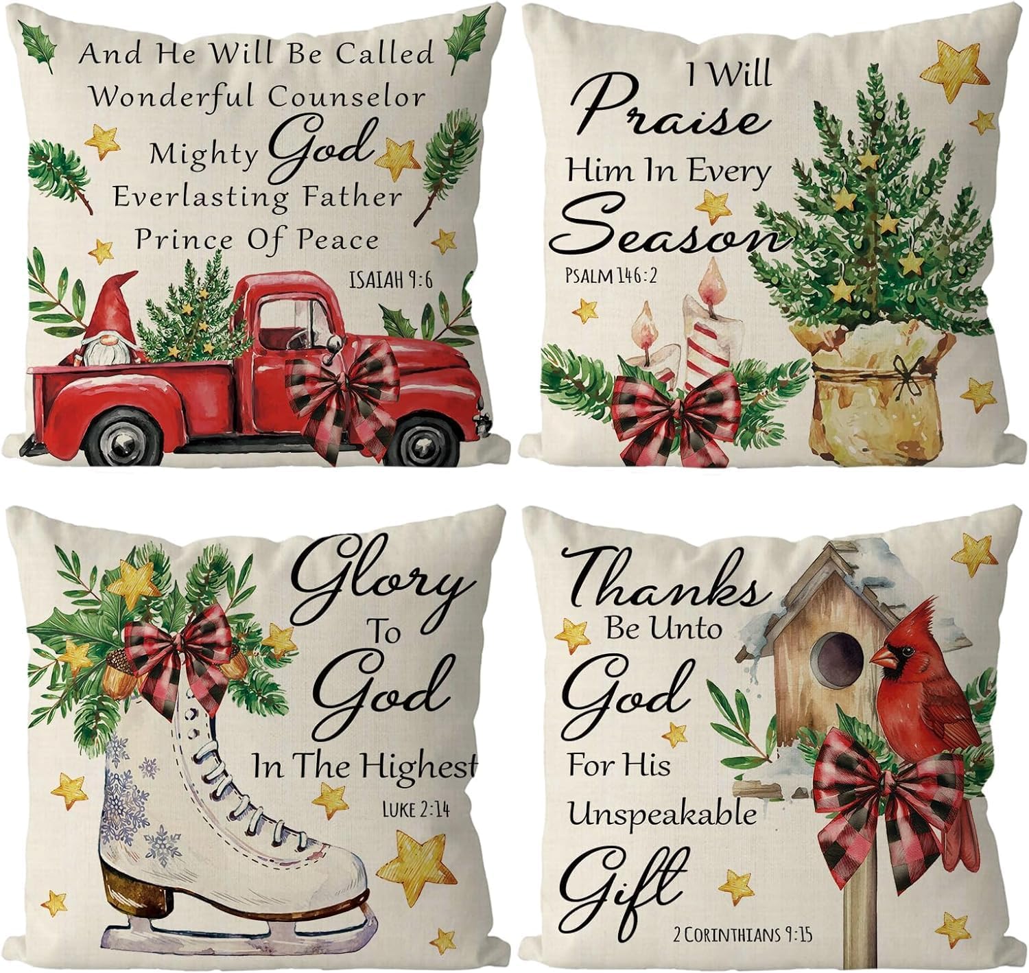 Christian Christmas Decor Jesus Christmas Pillow Covers Xmas Farmhouse Vintage Decorations Home Sofa Living Room Decorative Cushion Case 18x18 Inch Set of 4