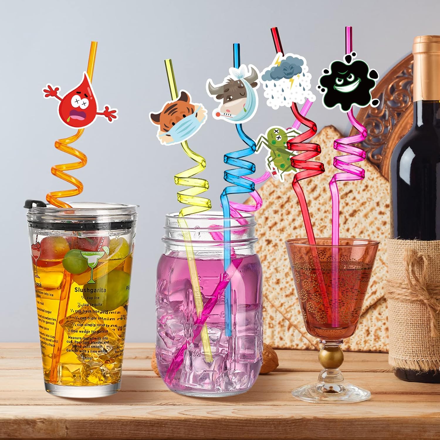 30 Pcs Passover 10 Plague Straws Passover Frogs Lice Hail Locust Firstborn Theme Crazy Straws Plastic Reusable Drinking Straws for Pesach Seder Passover Seder Table Supplies Decorations, 10 Styles - Image 4