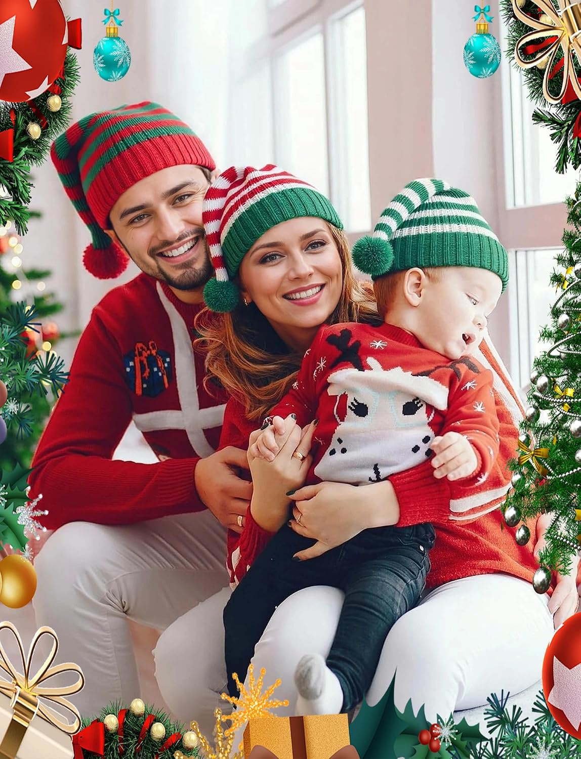 FEOYA Unisex Santa Hat Family Christmas Knitted Hats Soft Christmas Party Hat Stretchy Winter Hats