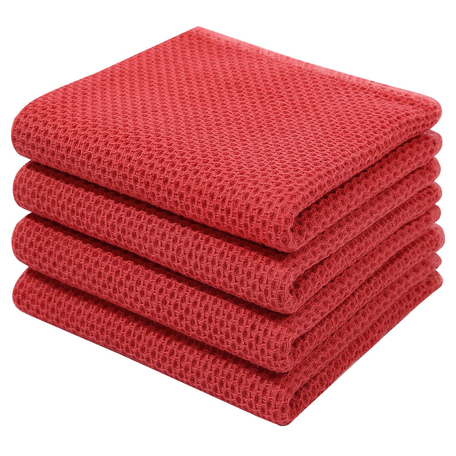 Homaxy 100% Cotton Waffle Weave Kitchen Dish Towels, Ultra Soft Absorbent Quick Drying Cleaning Towel, 13 x 28 Inches, 4-Pack, Brick Red