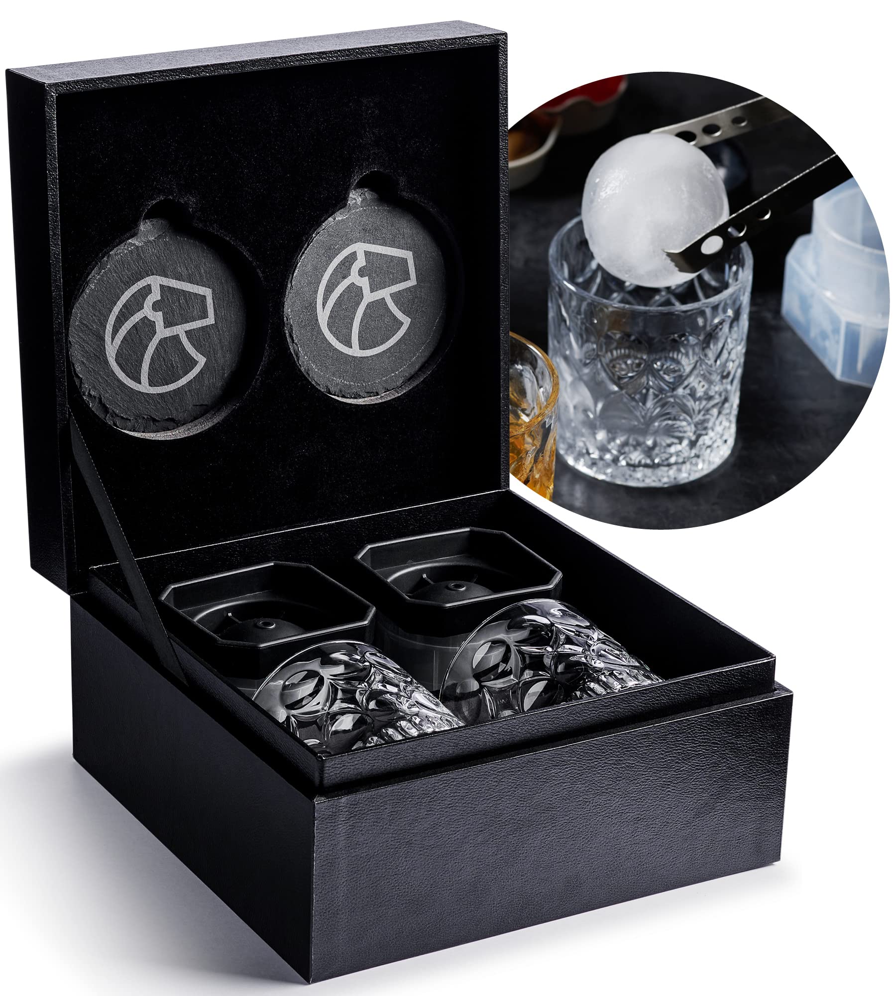Zestaw do whisky - prezenty do whisky dla mężczyzn - zestaw 2 szklanek do whisky, podwójna forma do robienia kul lodu, 2 podkładki łupkowe, pudełko prezentowe - prezenty burbonowe dla mężczyzn, taty, męża, urodziny chłopaka, rocznica - od LEEBS